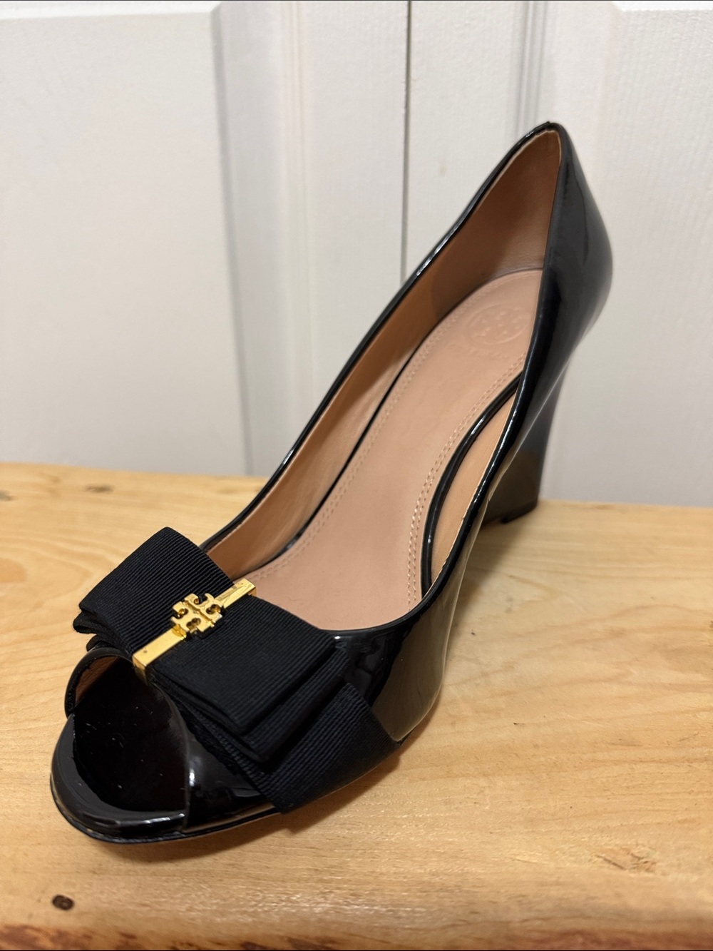 Tory Burch Black Patent Peep-Toe Heels with Grosgrain Bow and Gold Logo